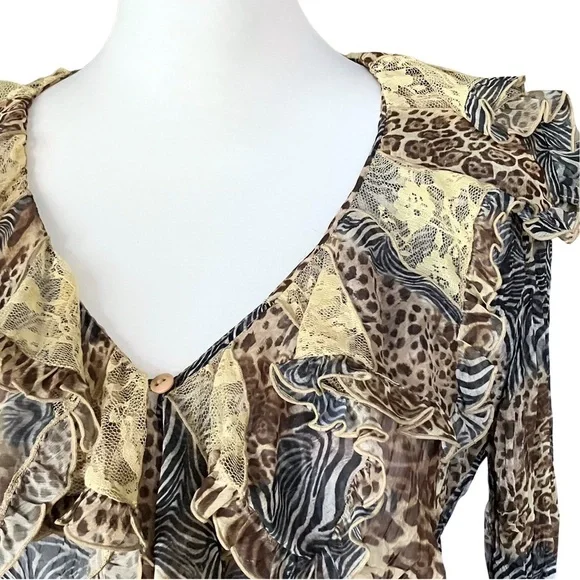 NWT 90s Y2K Vintage MK Solo Animal Print Sheer Ruffle Blouse Lace. Size XL - Picture 7 of 12